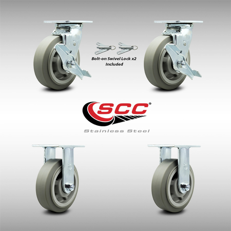 Service Caster 6 Inch Stainless Steel Thermoplastic Caster Set with 2 Brake/Swivel Lock 2 Rigid SCC-SS30S620-TPRRF-TLB-BSL-2-R-2